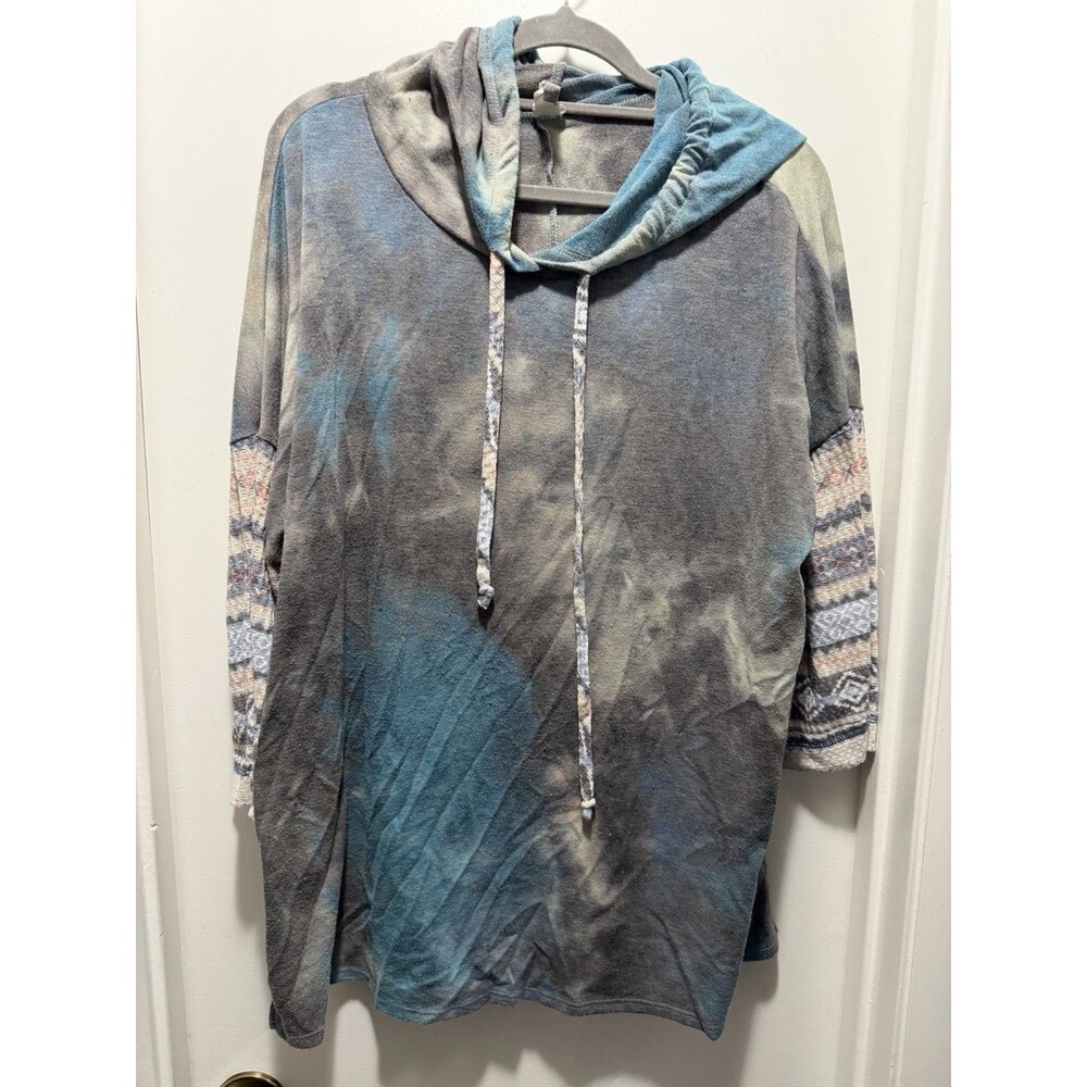 Honeyme Curvy Women's XL Regular Blue/Gray Tie-Dye Hooded Pullover Hoodie